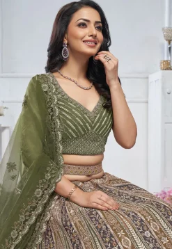 Embroidered Net Lehenga in Mustard and Green