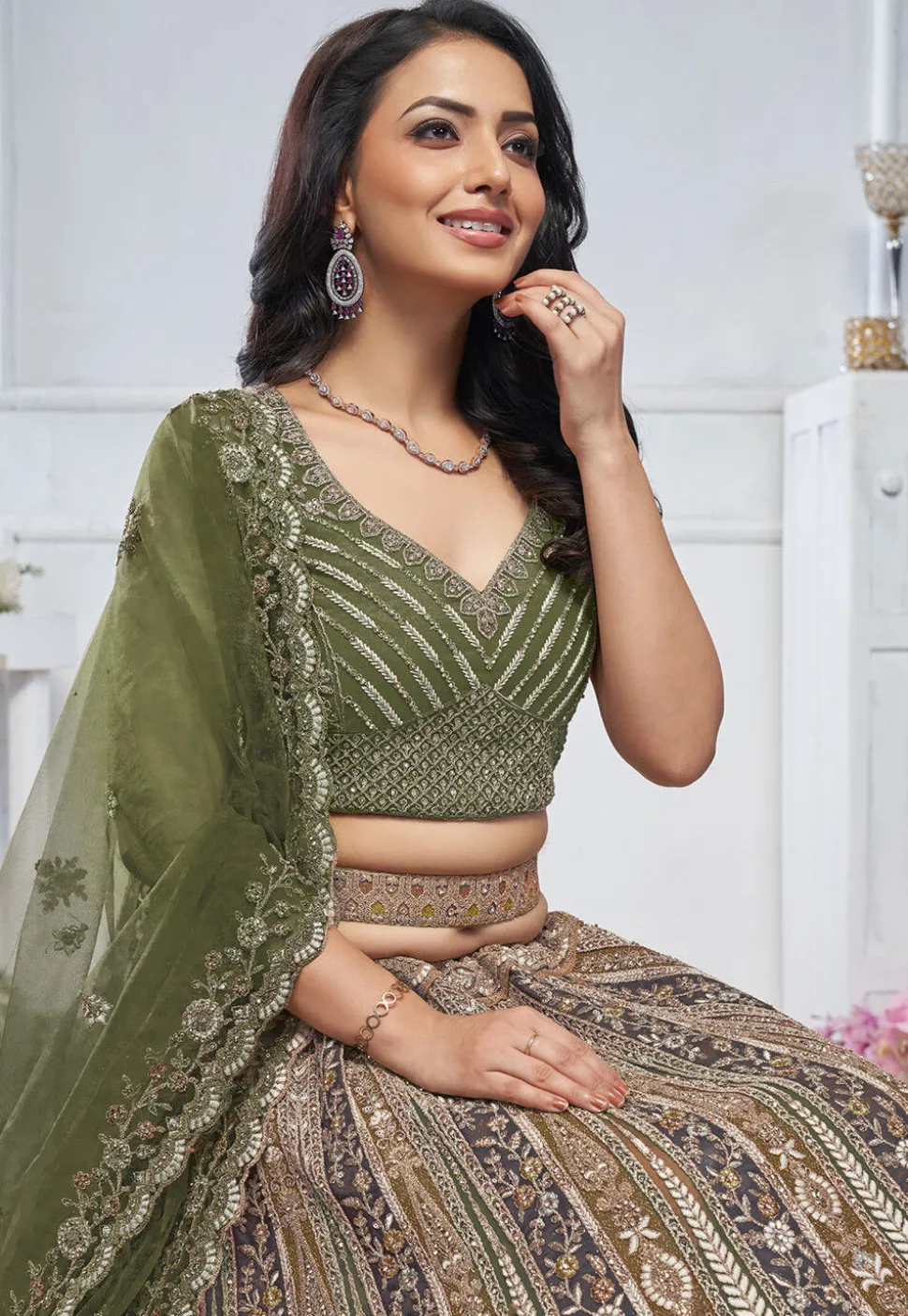 Embroidered Net Lehenga in Mustard and Green