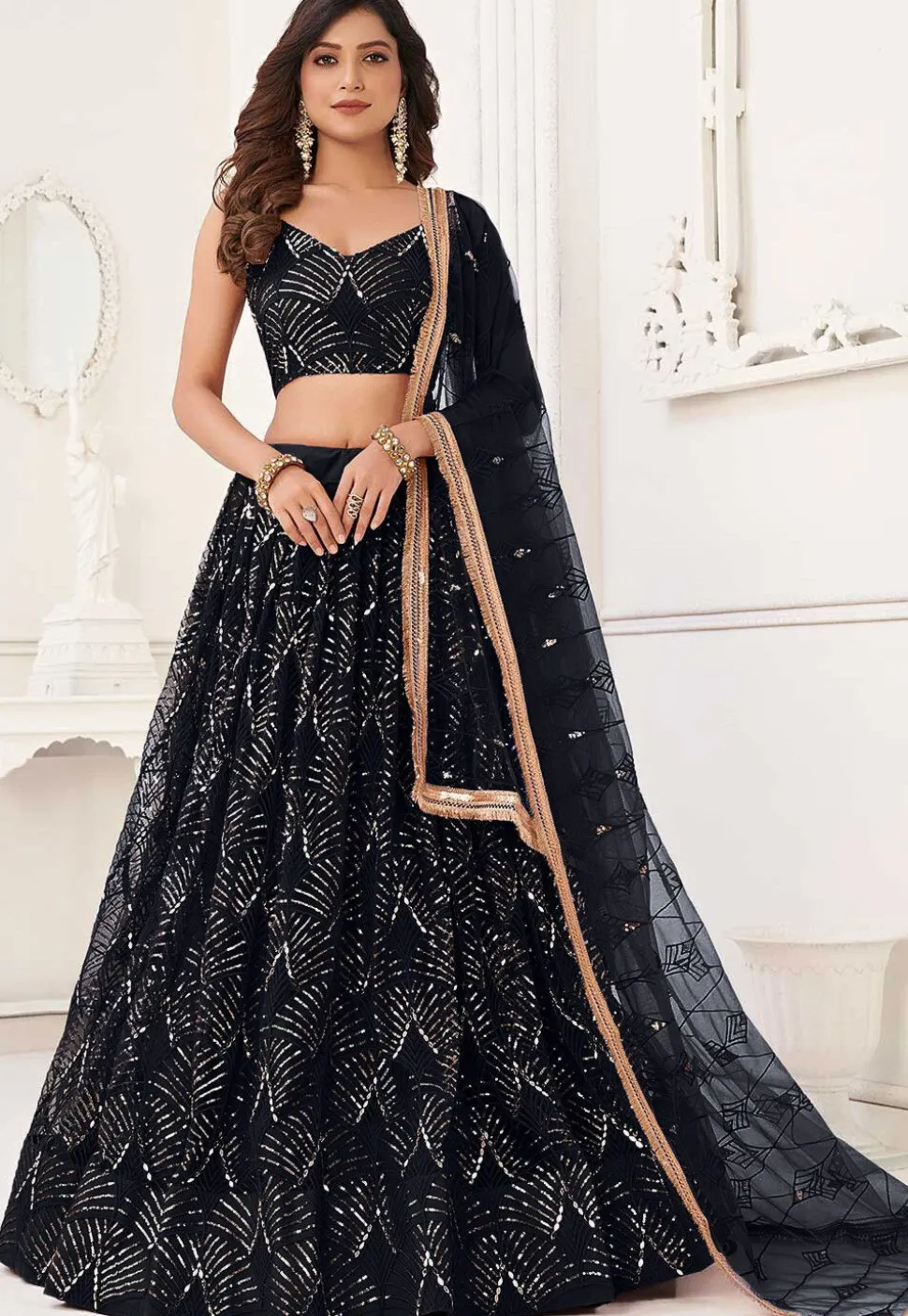 Embroidered Net Lehenga in Black