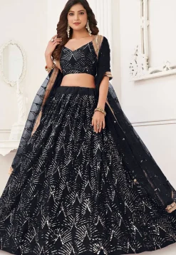 Embroidered Net Lehenga in Black