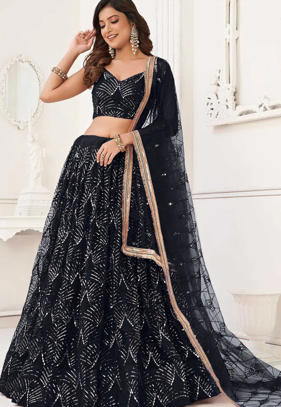 Embroidered Net Lehenga in Black
