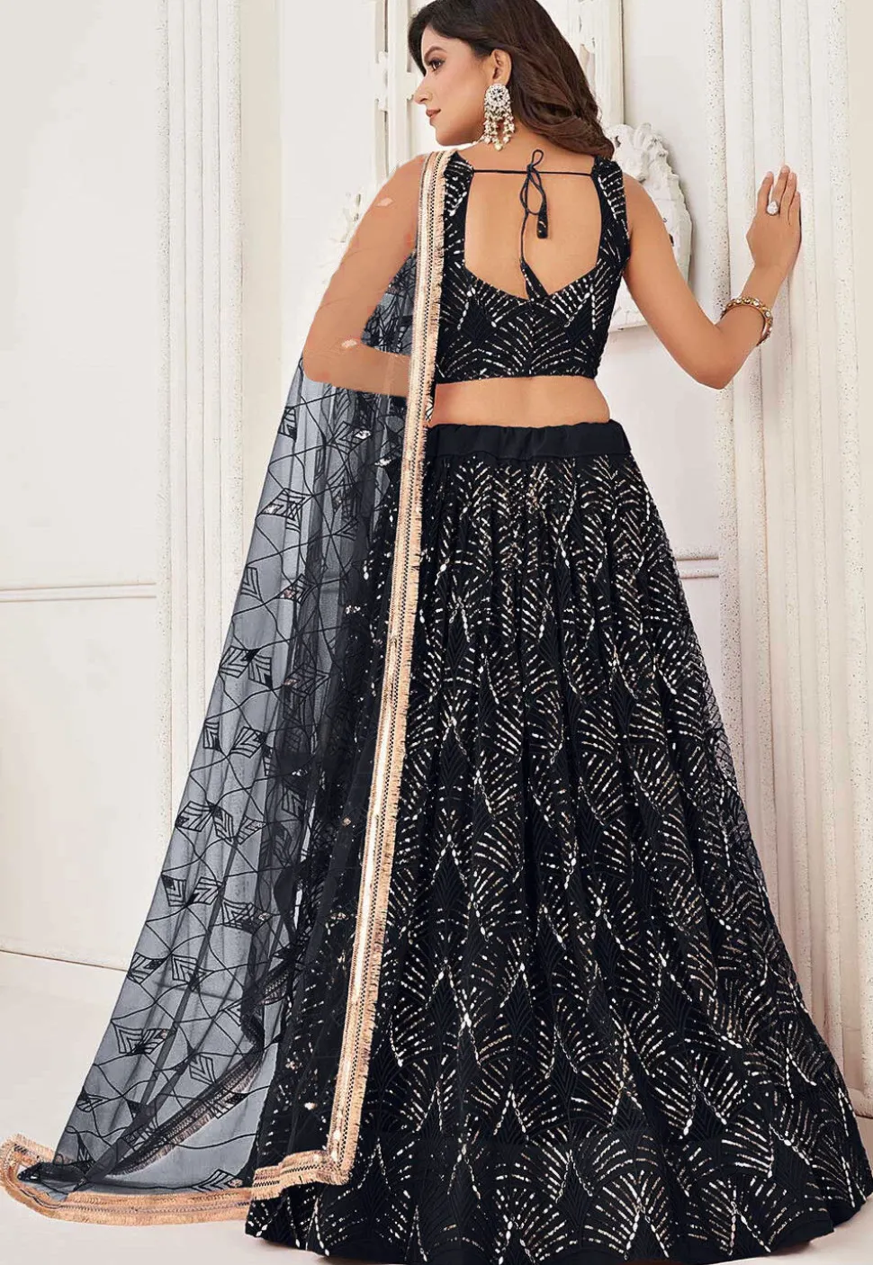 Embroidered Net Lehenga in Black