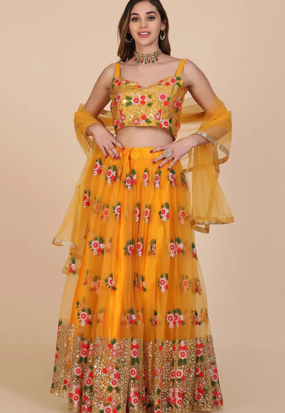 Embroidered Net Lehenga in Yellow