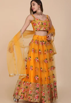Embroidered Net Lehenga in Yellow