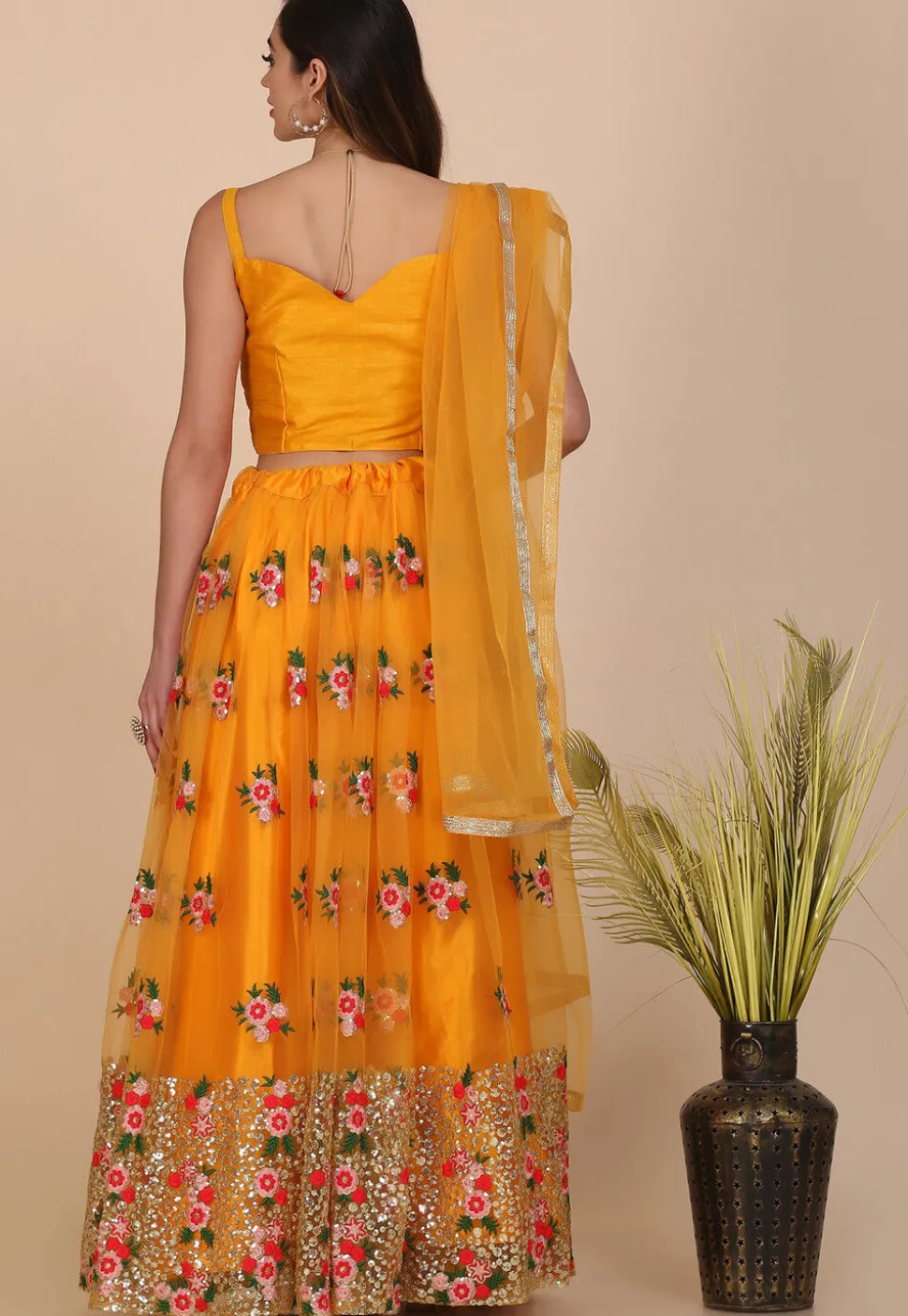 Embroidered Net Lehenga in Yellow