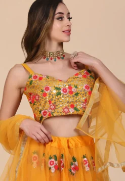 Embroidered Net Lehenga in Yellow