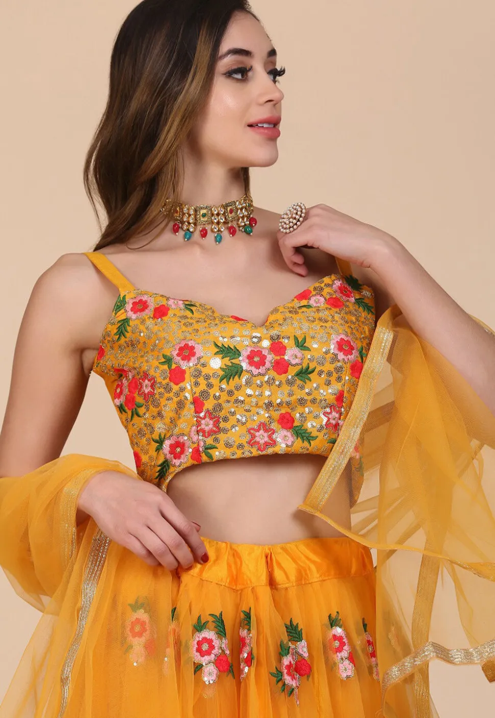 Embroidered Net Lehenga in Yellow