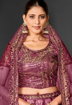 Embroidered Net Lehenga in Wine