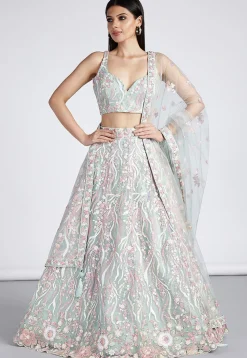 Embroidered Net Lehenga in Sea Green