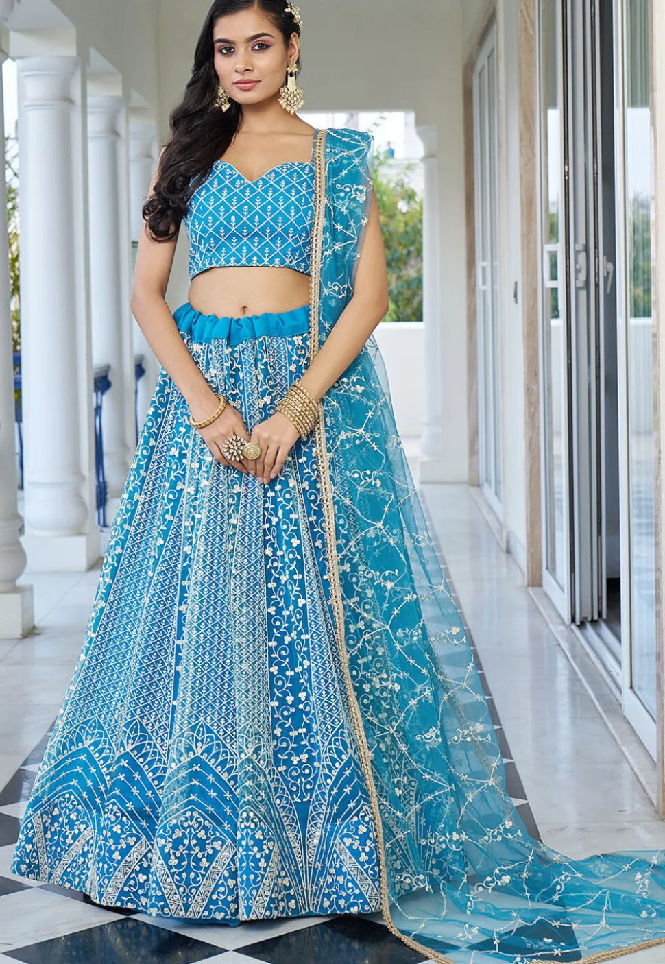 Embroidered Net Lehenga in Sky Blue