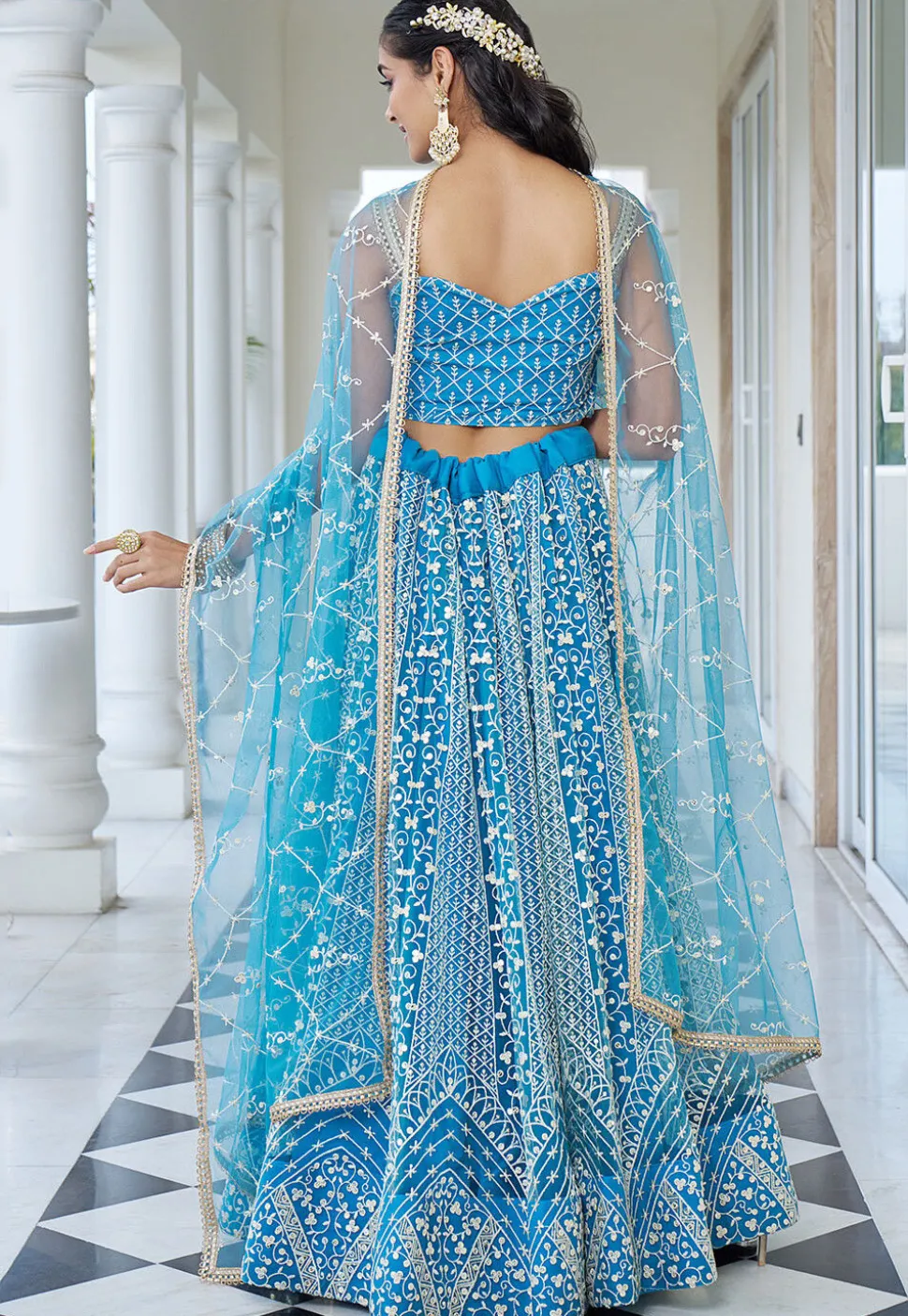 Embroidered Net Lehenga in Sky Blue