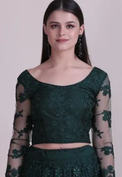 Embroidered Net Lehenga in Dark Green