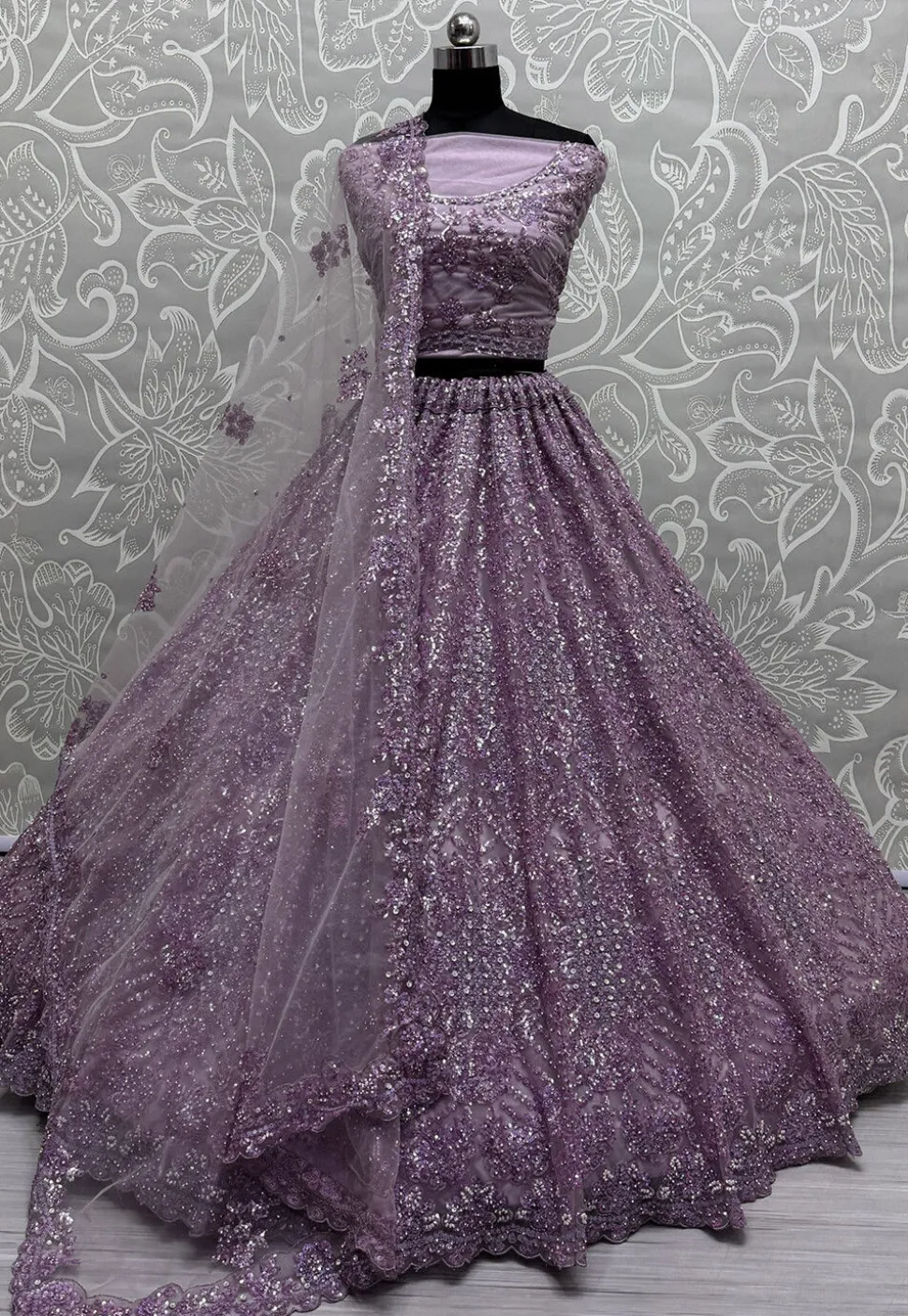 Embroidered Net Lehenga in Purple