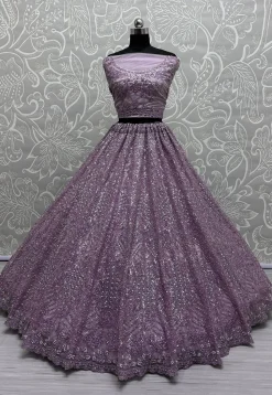 Embroidered Net Lehenga in Purple