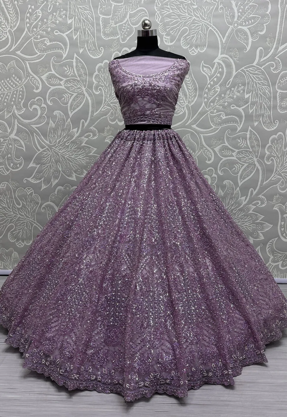 Embroidered Net Lehenga in Purple