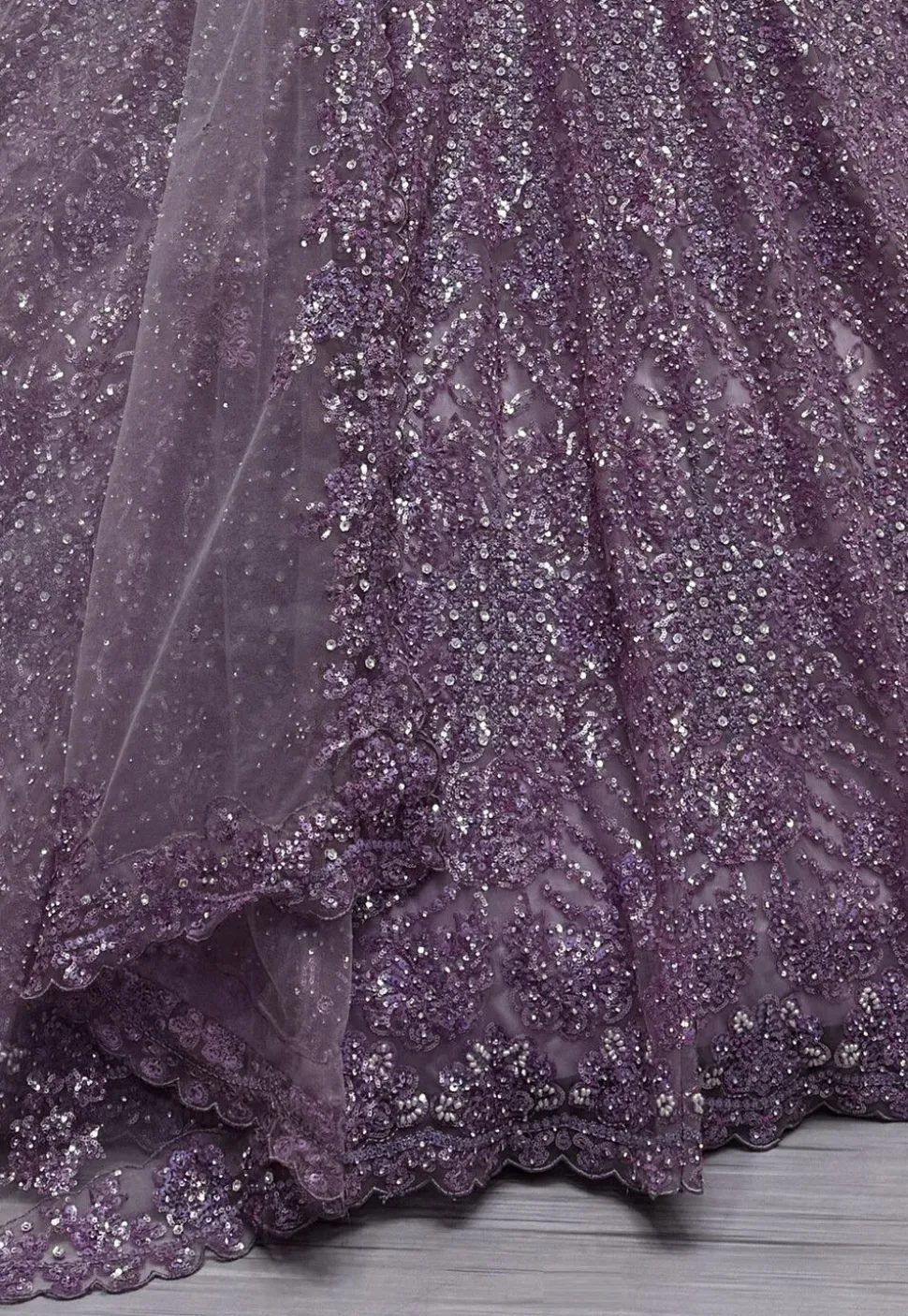 Embroidered Net Lehenga in Purple