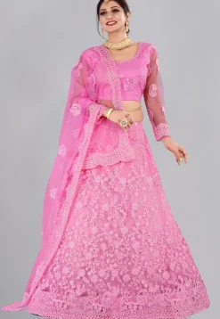 Embroidered Net Lehenga in Baby Pink