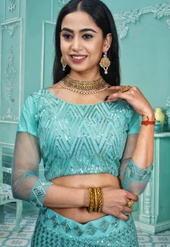 Embroidered Net Lehenga in Sky Blue
