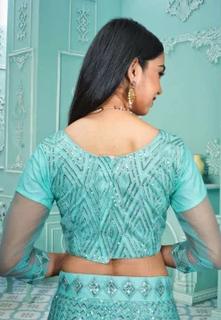 Embroidered Net Lehenga in Sky Blue