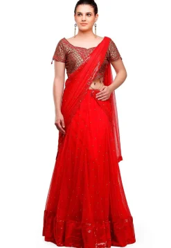 Embroidered Net Lehenga in Red