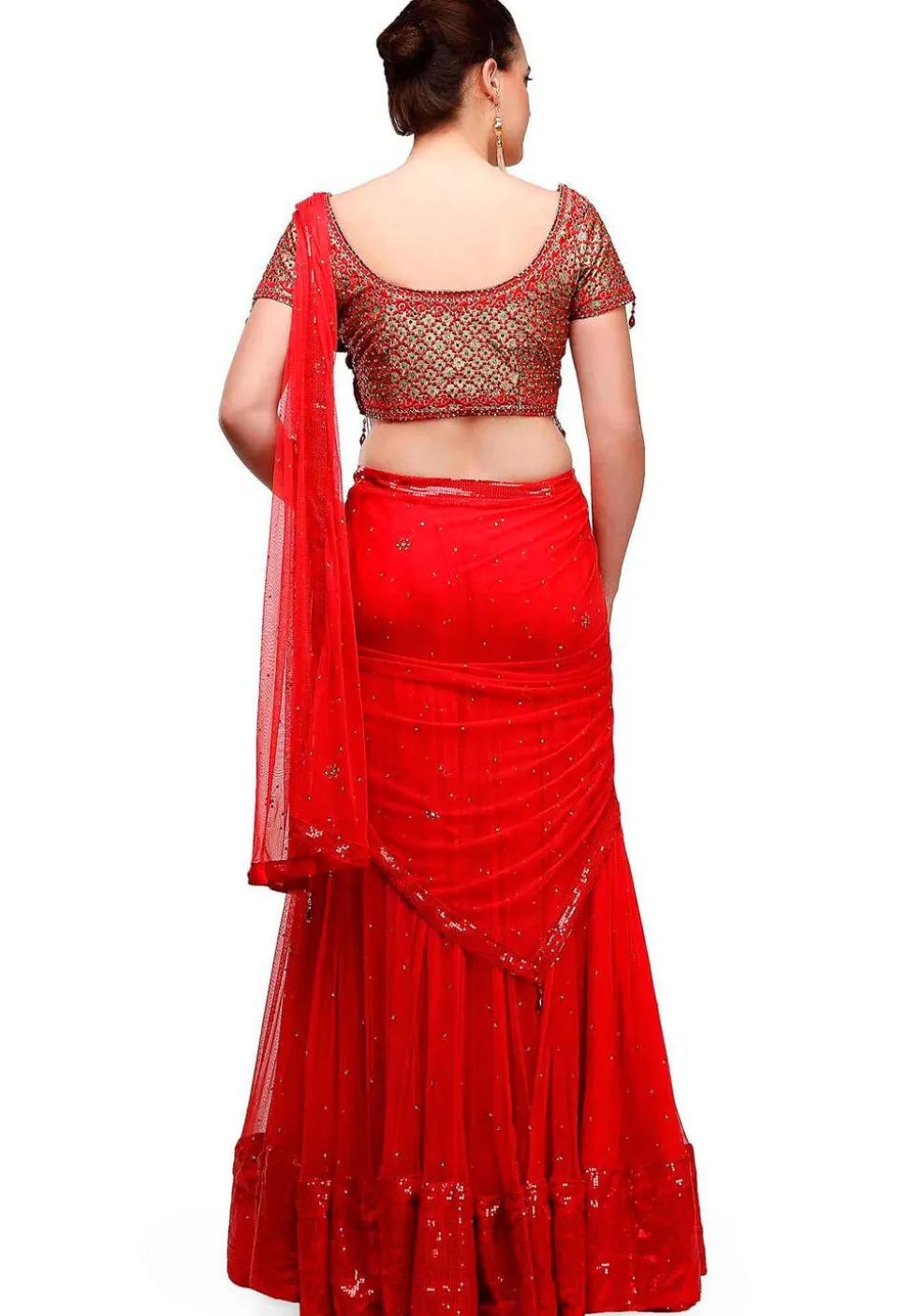 Embroidered Net Lehenga in Red
