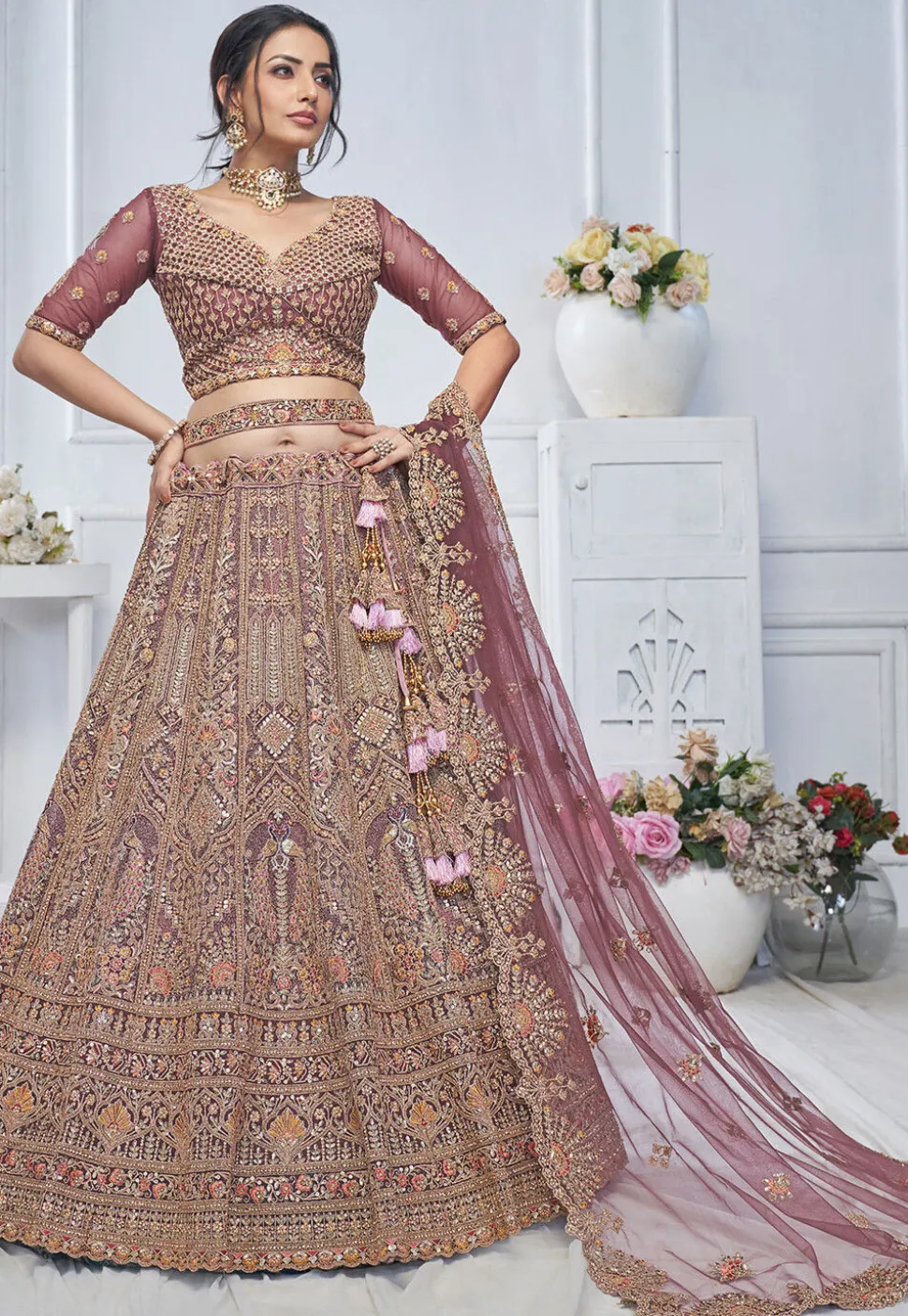 Embroidered Net Lehenga in Purple