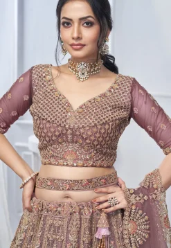 Embroidered Net Lehenga in Purple