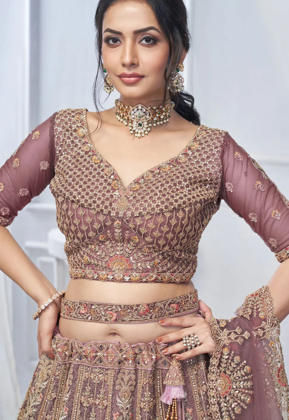 Embroidered Net Lehenga in Purple