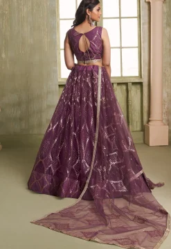 Embroidered Net Lehenga in Purple
