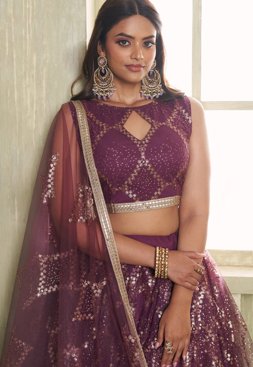 Embroidered Net Lehenga in Purple