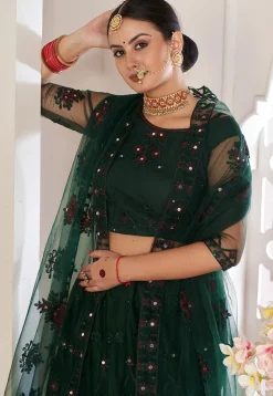 Embroidered Net Lehenga in Dark Green