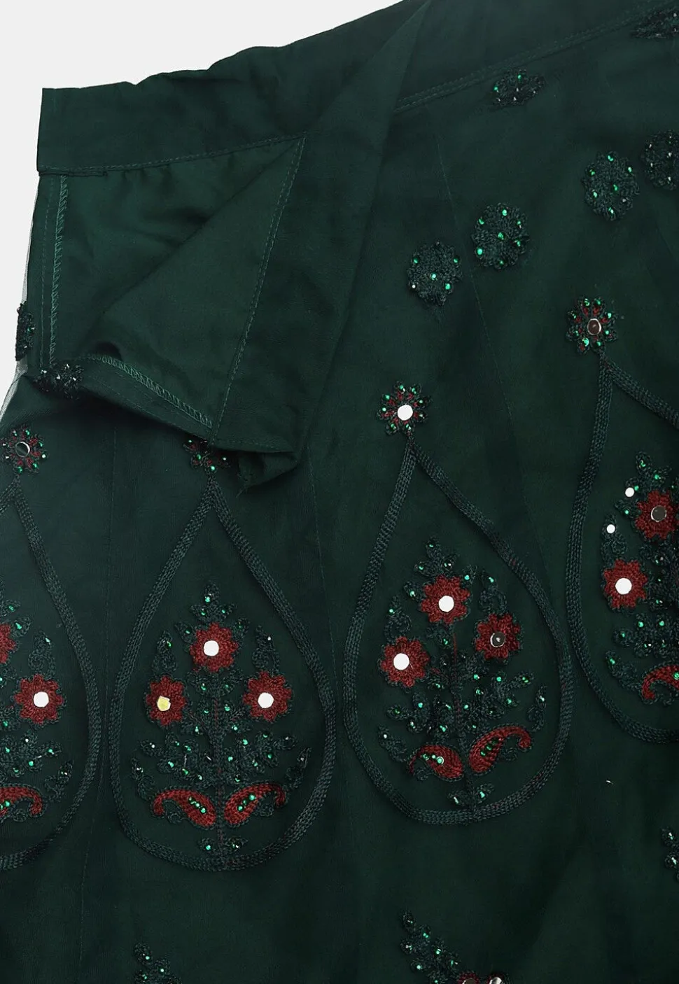 Embroidered Net Lehenga in Dark Green