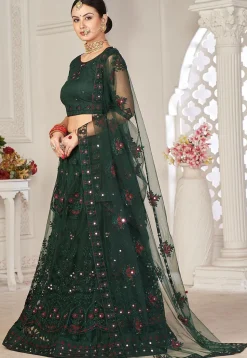 Embroidered Net Lehenga in Dark Green