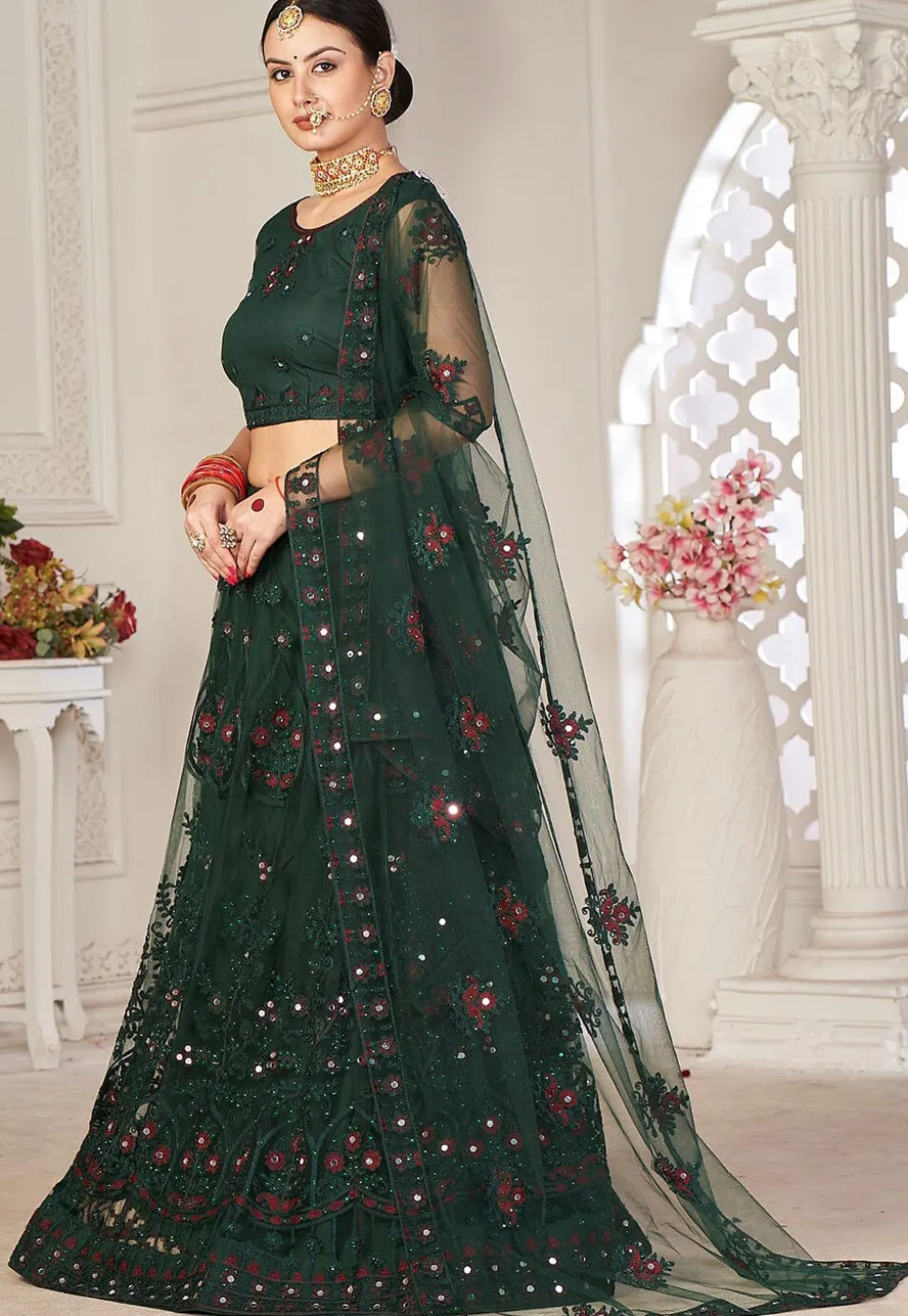 Embroidered Net Lehenga in Dark Green