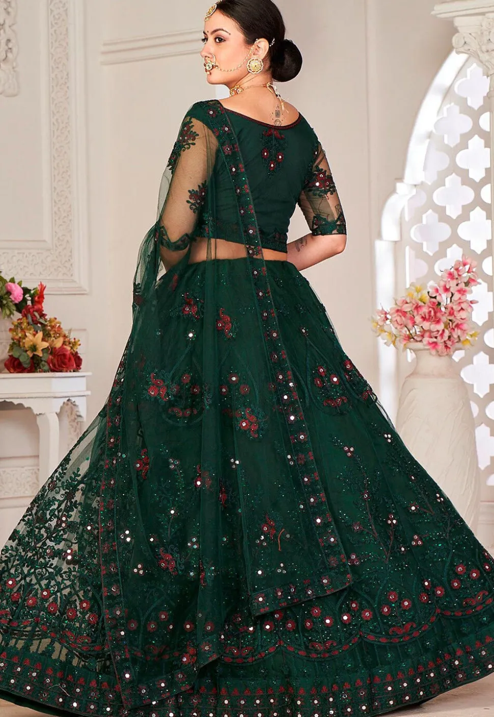 Embroidered Net Lehenga in Dark Green