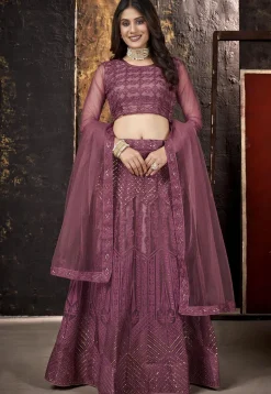 Embroidered Net Lehenga in Light Purple