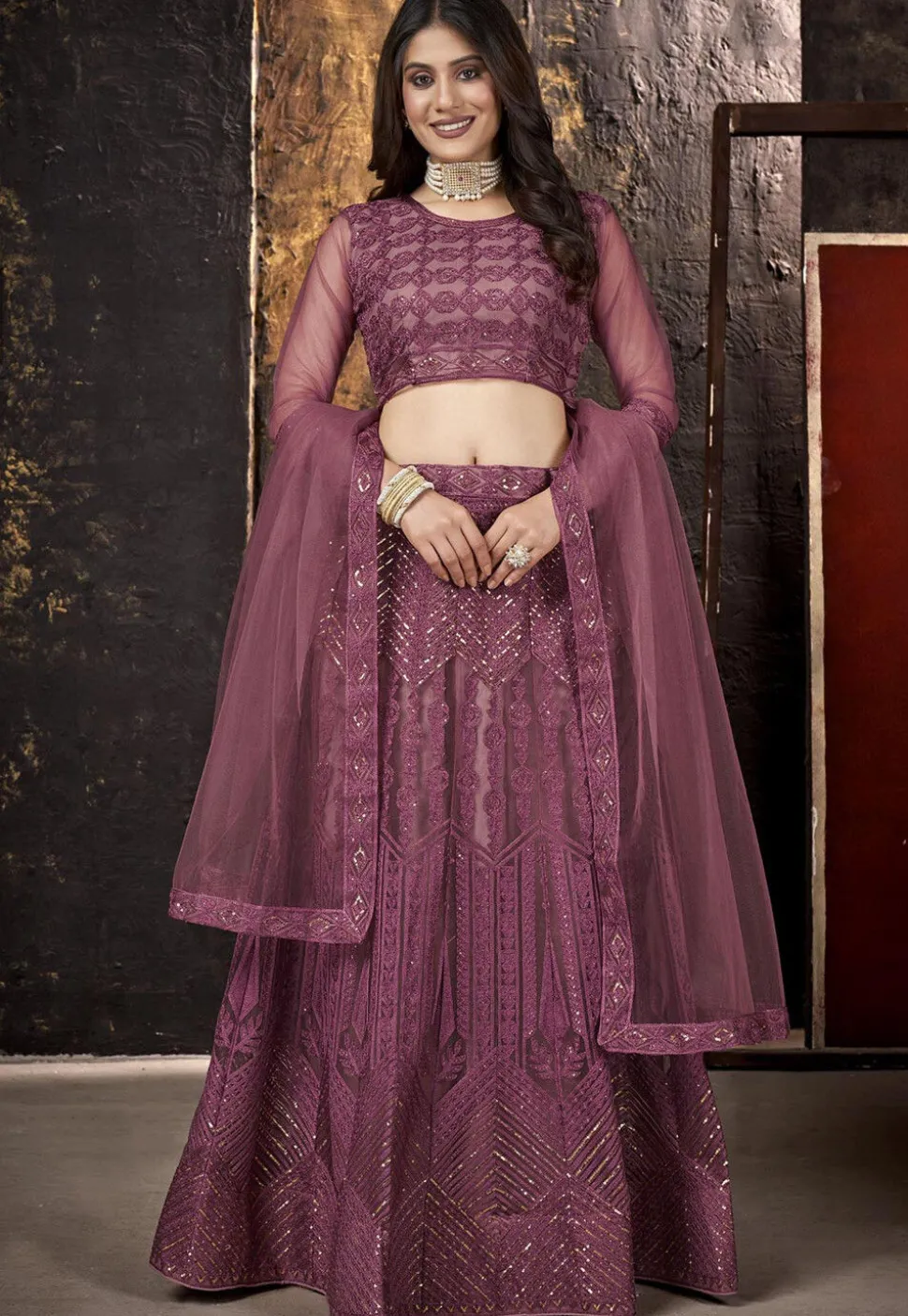Embroidered Net Lehenga in Light Purple