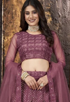 Embroidered Net Lehenga in Light Purple