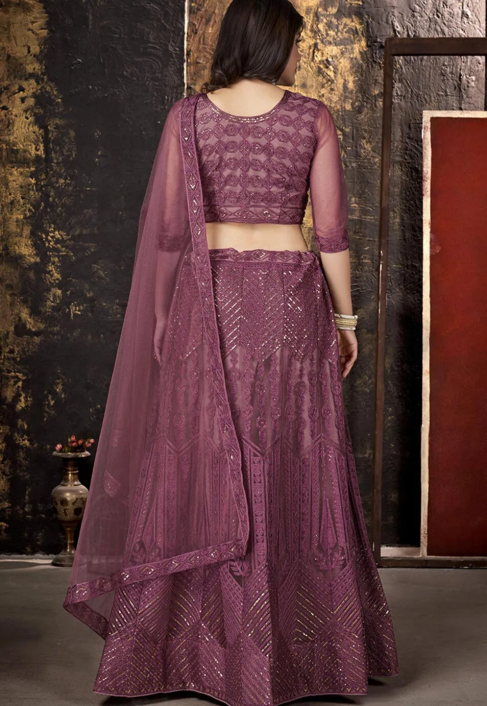 Embroidered Net Lehenga in Light Purple