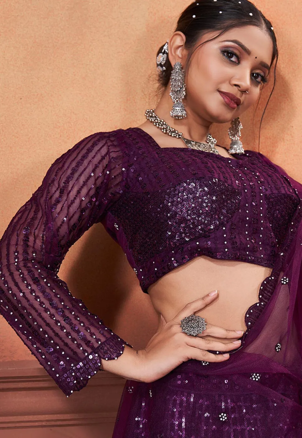 Embroidered Net Lehenga in Dark Purple