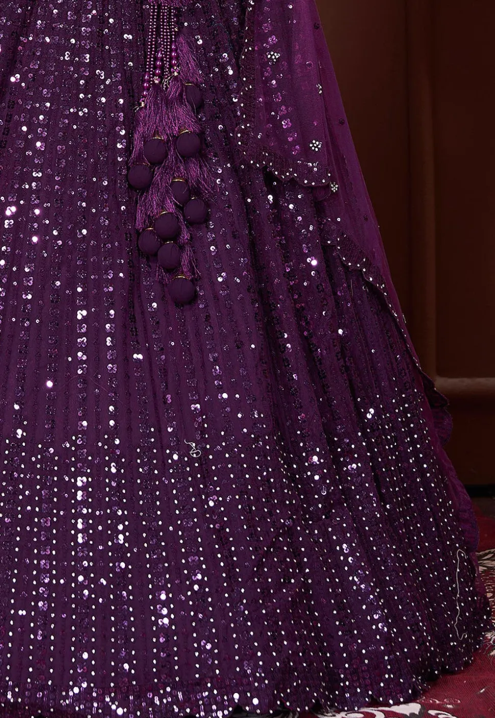 Embroidered Net Lehenga in Dark Purple