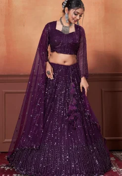 Embroidered Net Lehenga in Dark Purple