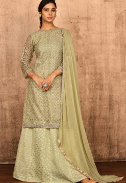 Embroidered Net Lehenga in Pastel Green