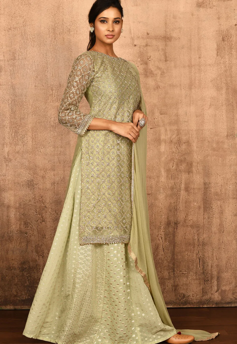 Embroidered Net Lehenga in Pastel Green