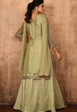 Embroidered Net Lehenga in Pastel Green