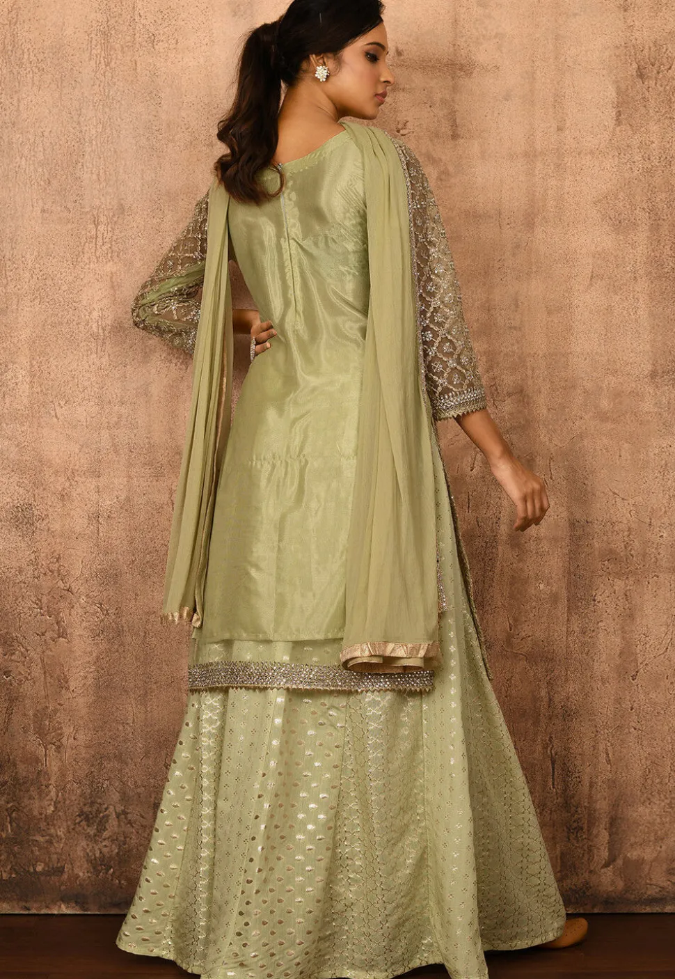 Embroidered Net Lehenga in Pastel Green