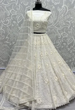Embroidered Net Lehenga in Off White