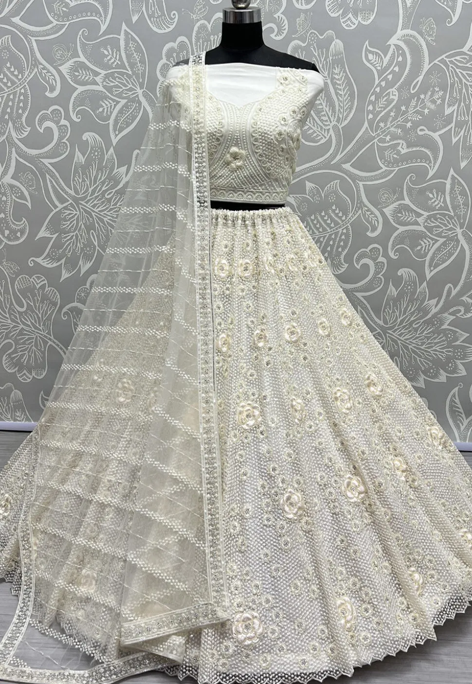 Embroidered Net Lehenga in Off White