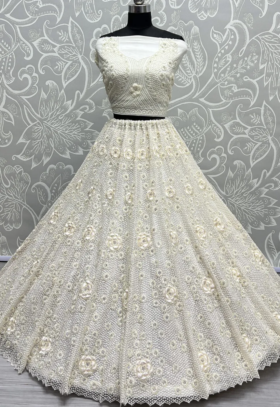 Embroidered Net Lehenga in Off White