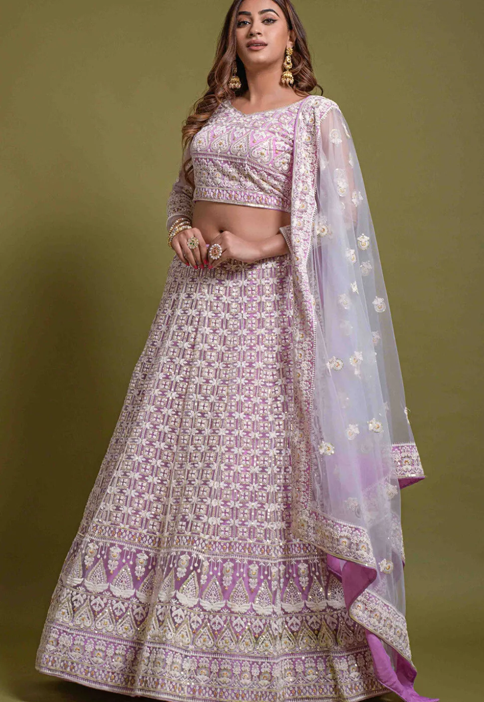 Embroidered Net Lehenga in Purple